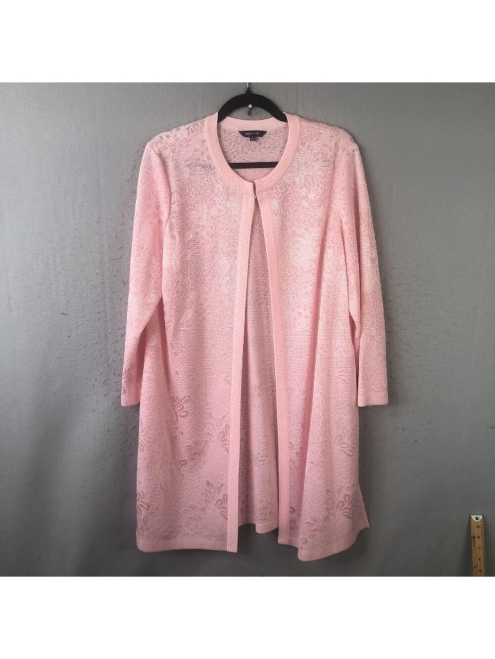 Misook Cardigan Sweater Womens L Pink Floral Knit Open Front Lightweight Duster